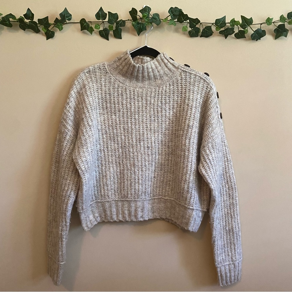 Jessica Simpson Women's Long Sleeve Wool Blend Beige Cropped Mock Neck Sweater